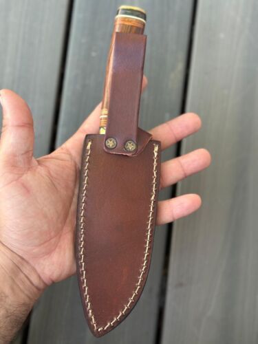 Heritage Forge 11 Inch Damascus Kukri Bowie Knife with Wooden Handle and Leather Sheath for Hunting and Tactical Use