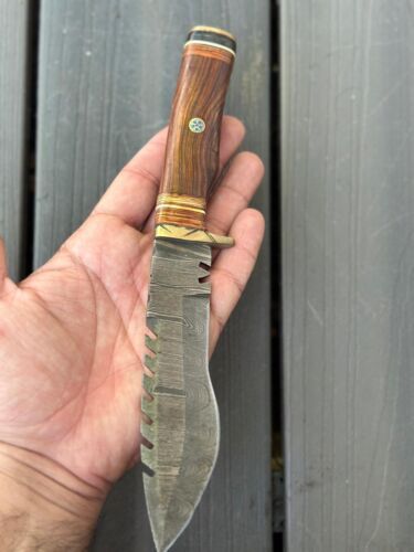 Heritage Forge 11 Inch Damascus Kukri Bowie Knife with Wooden Handle and Leather Sheath for Hunting and Tactical Use