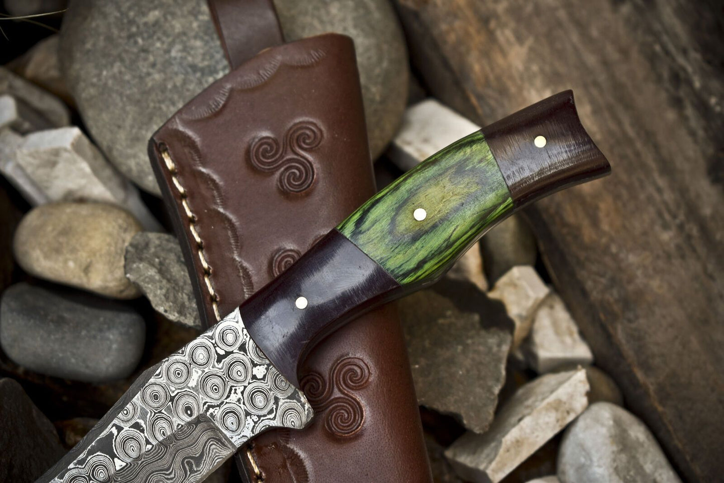 Custom Rain Drop Damascus Skinner Knife with Hardwood Handle – 8" Handmade Hunting Blade