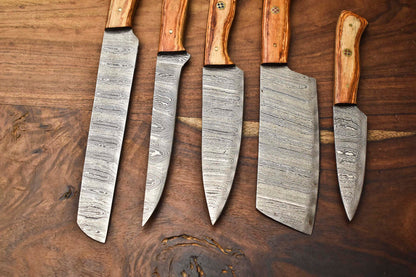 Lot of 5 Handmade Damascus Steel Blade Chef Knife Set with Leather Bag – 100% Handmade