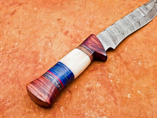 12" Damascus Steel Bowie Knife | Camel Bone & Wood Handle