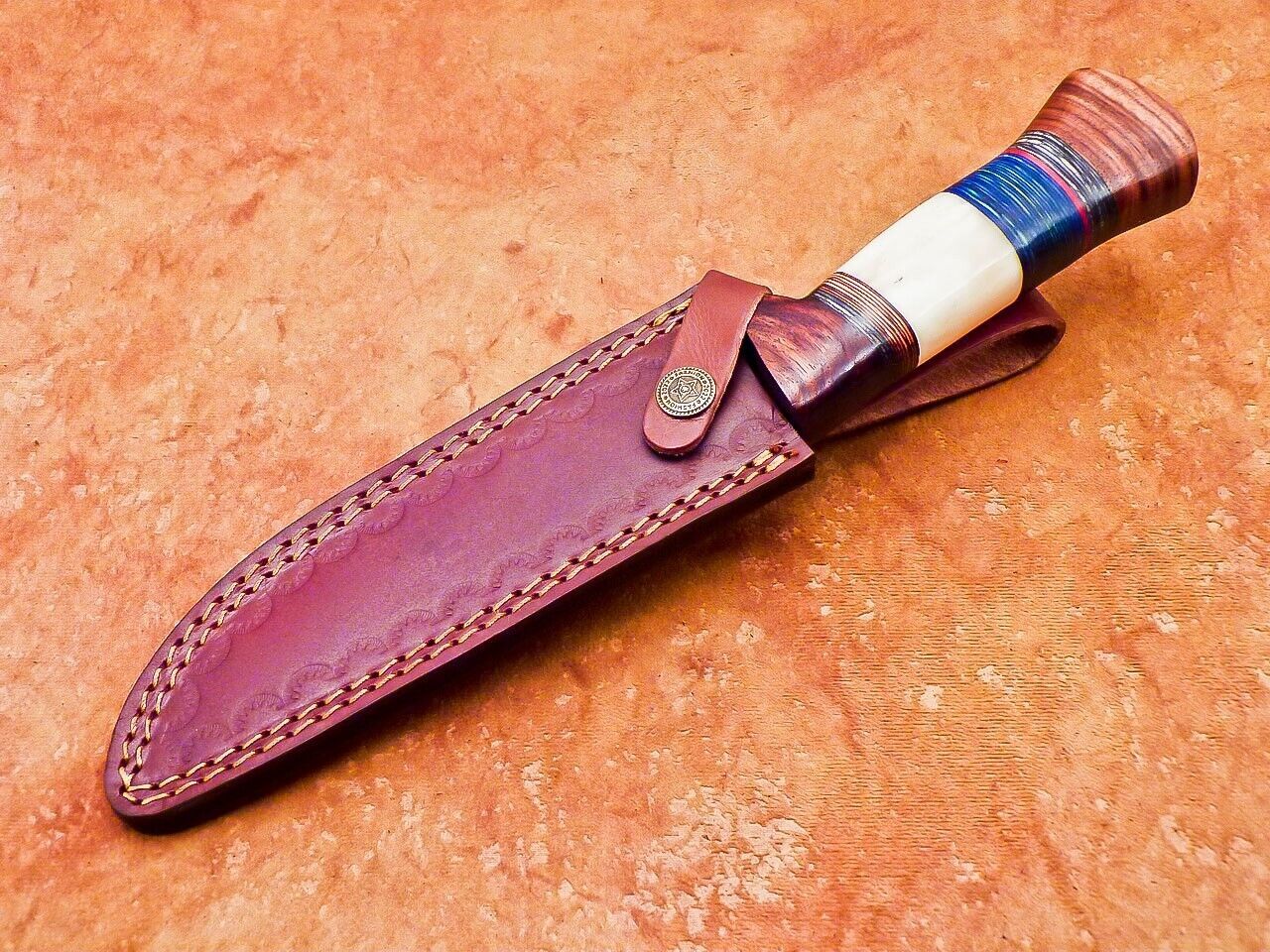 12" Damascus Steel Bowie Knife | Camel Bone & Wood Handle