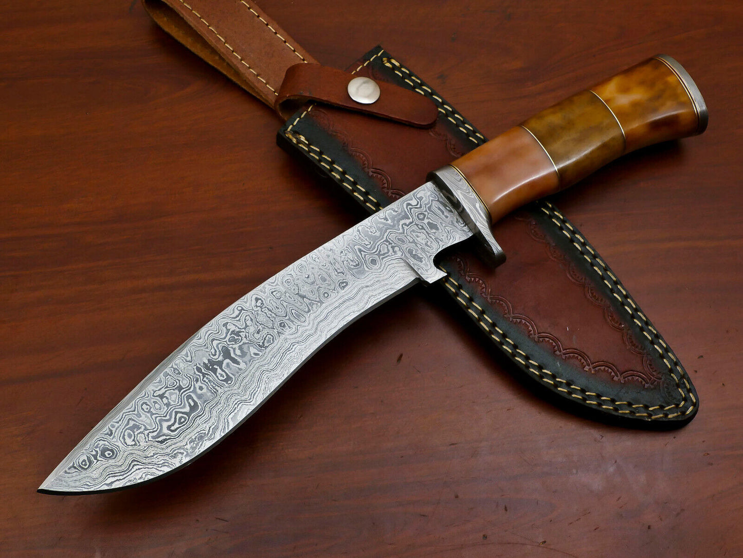 Heritage Forge 13" Damascus Bowie Knife with Stained Camel Bone Handle and Custom Leather Sheath