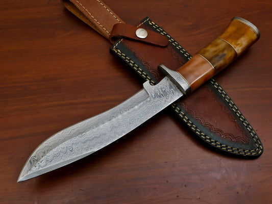 Heritage Forge 13" Damascus Bowie Knife with Stained Camel Bone Handle and Custom Leather Sheath