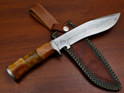 Heritage Forge 13" Damascus Bowie Knife with Stained Camel Bone Handle and Custom Leather Sheath