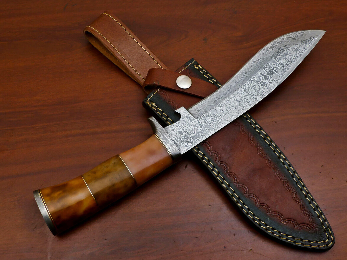 Heritage Forge 13" Damascus Bowie Knife with Stained Camel Bone Handle and Custom Leather Sheath