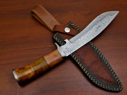 Heritage Forge 13" Damascus Bowie Knife with Stained Camel Bone Handle and Custom Leather Sheath