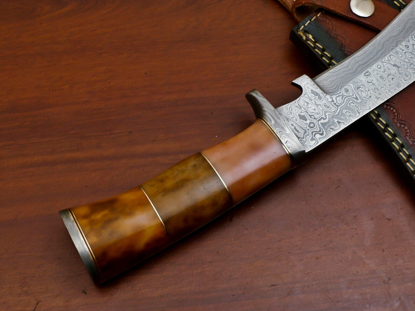 Heritage Forge 13" Damascus Bowie Knife with Stained Camel Bone Handle and Custom Leather Sheath