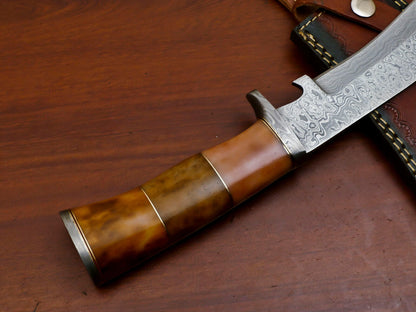 Heritage Forge 13" Damascus Bowie Knife with Stained Camel Bone Handle and Custom Leather Sheath