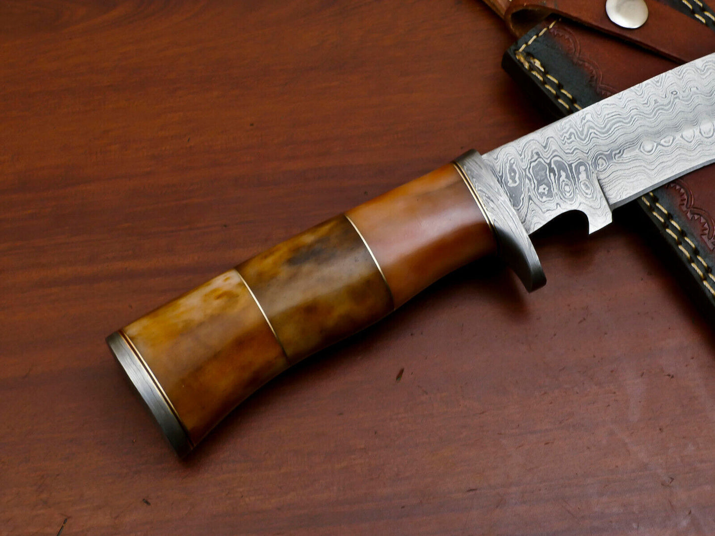 Heritage Forge 13" Damascus Bowie Knife with Stained Camel Bone Handle and Custom Leather Sheath