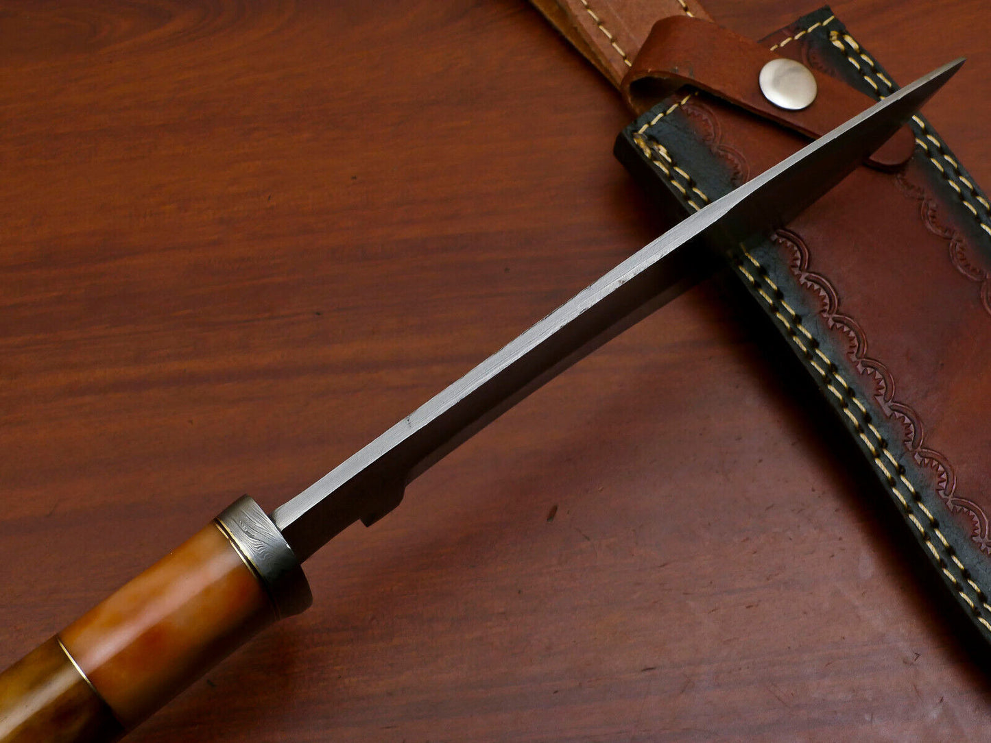 Heritage Forge 13" Damascus Bowie Knife with Stained Camel Bone Handle and Custom Leather Sheath