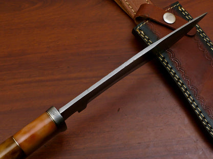 Heritage Forge 13" Damascus Bowie Knife with Stained Camel Bone Handle and Custom Leather Sheath