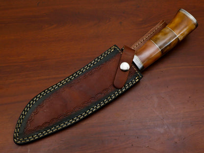 Heritage Forge 13" Damascus Bowie Knife with Stained Camel Bone Handle and Custom Leather Sheath