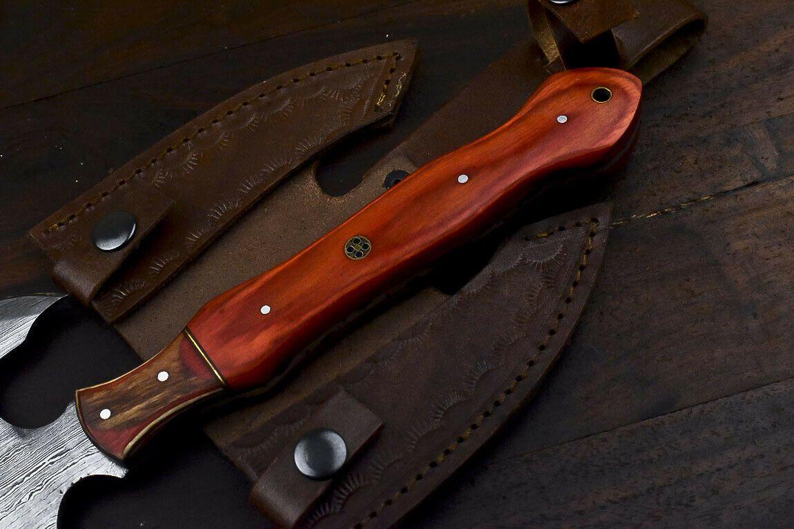Rare Handmade Damascus Steel Hard Wood Clever Chopper Axe Knife with Leather Sheath