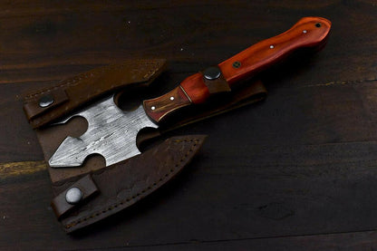 Rare Handmade Damascus Steel Hard Wood Clever Chopper Axe Knife with Leather Sheath