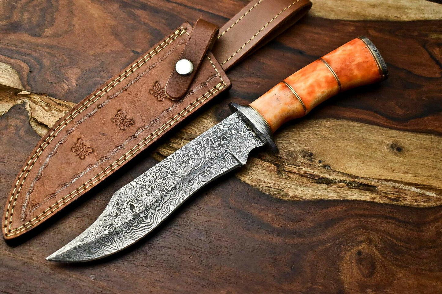12" Damascus Steel Bowie Knife – Camel Bone Handle