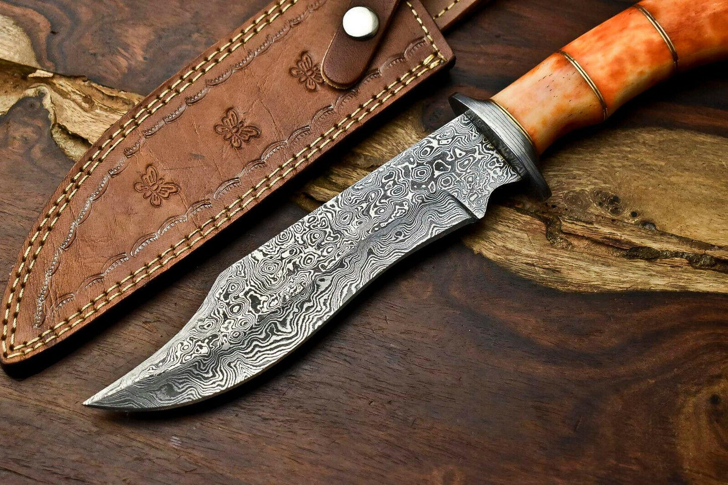 12" Damascus Steel Bowie Knife – Camel Bone Handle
