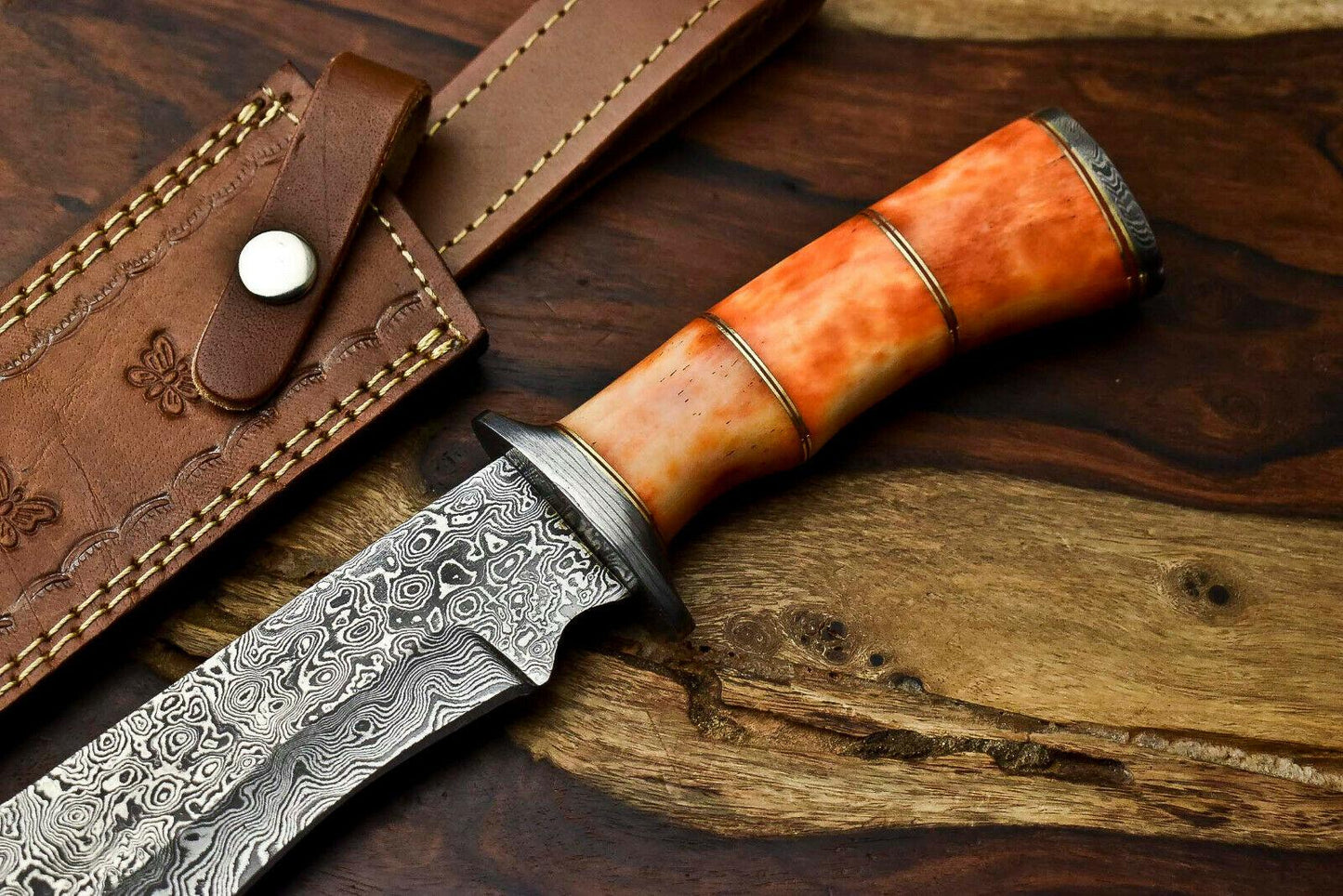 12" Damascus Steel Bowie Knife – Camel Bone Handle