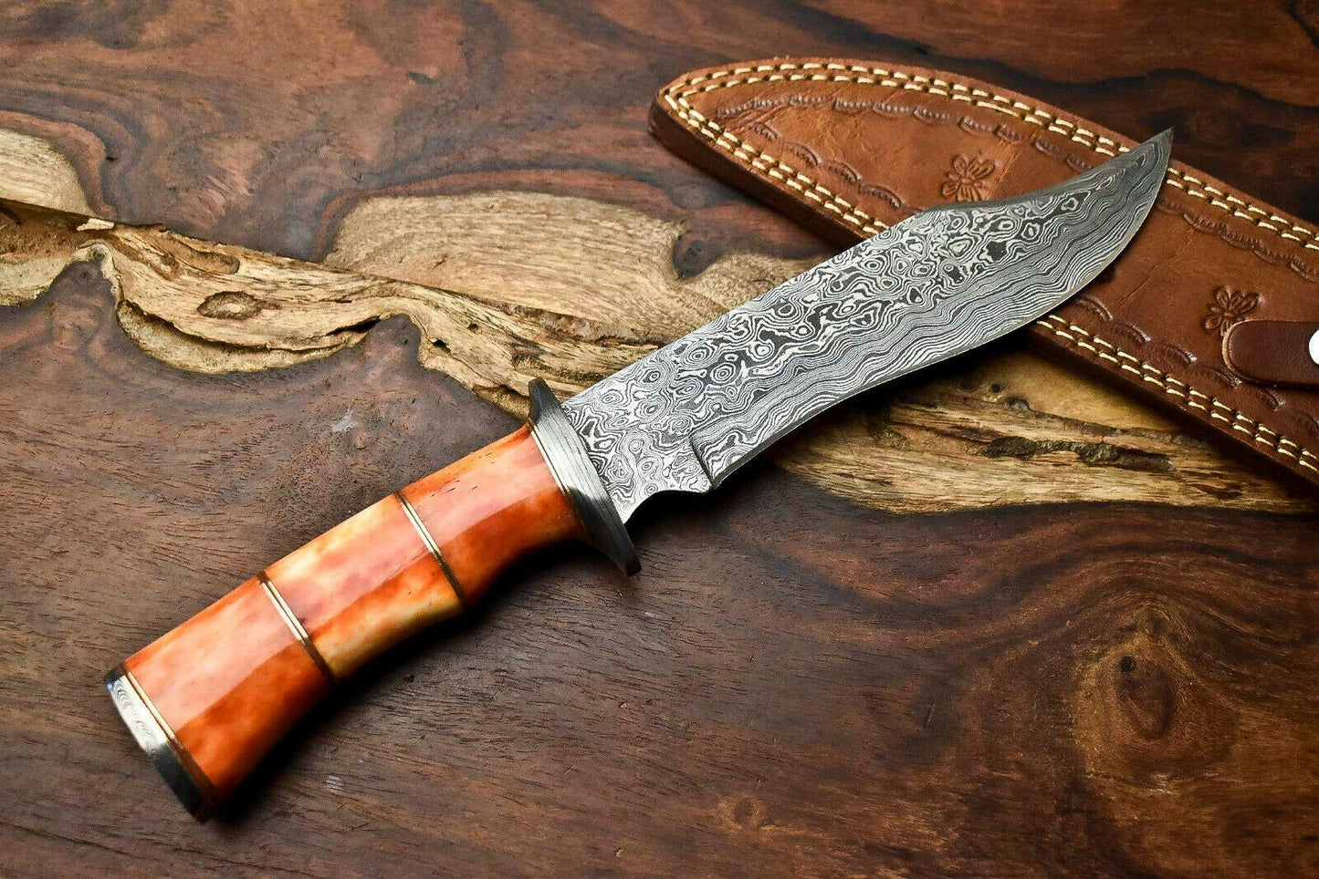 12" Damascus Steel Bowie Knife – Camel Bone Handle