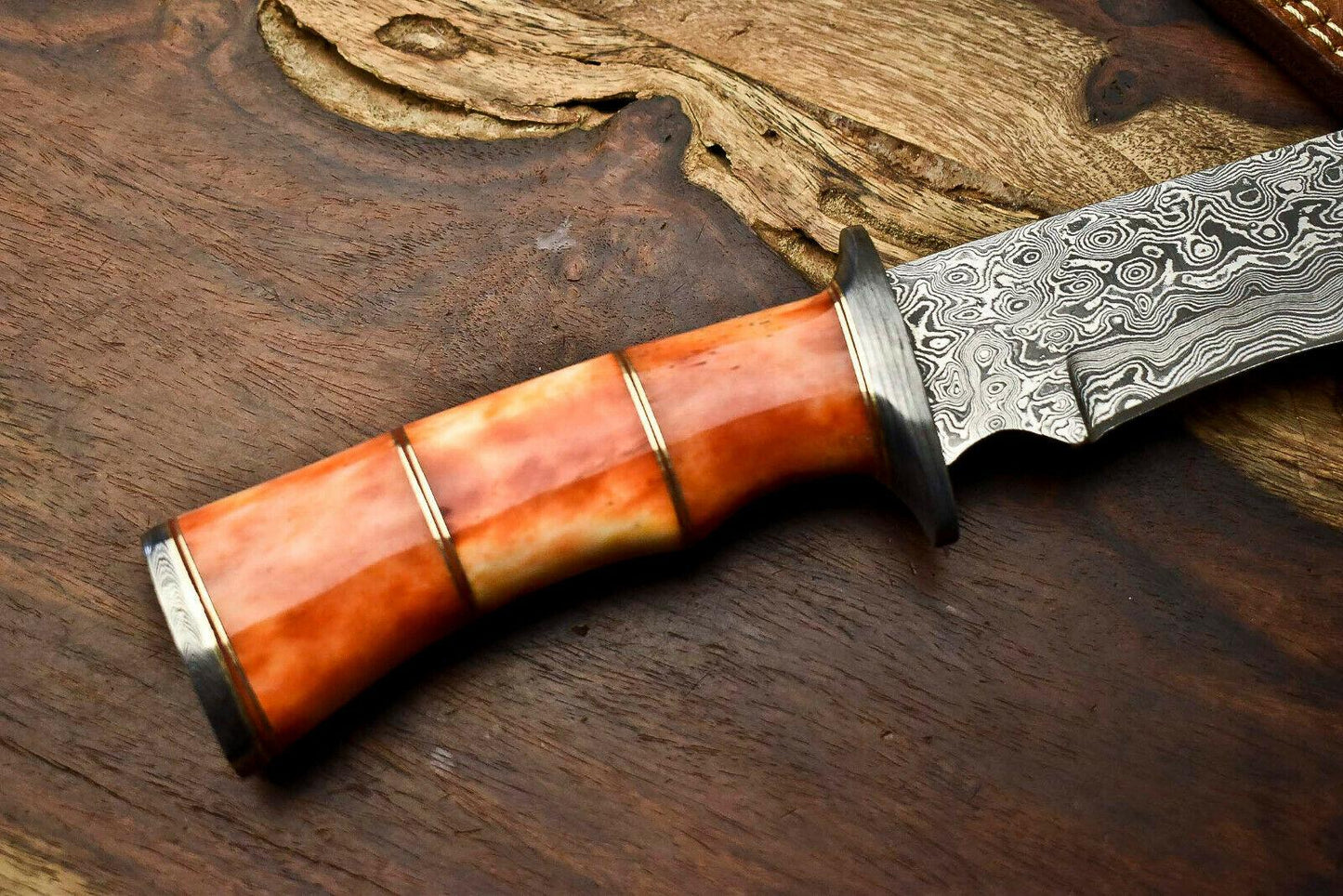 12" Damascus Steel Bowie Knife – Camel Bone Handle