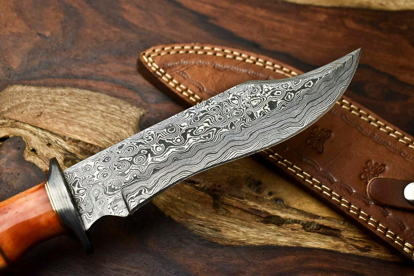 12" Damascus Steel Bowie Knife – Camel Bone Handle
