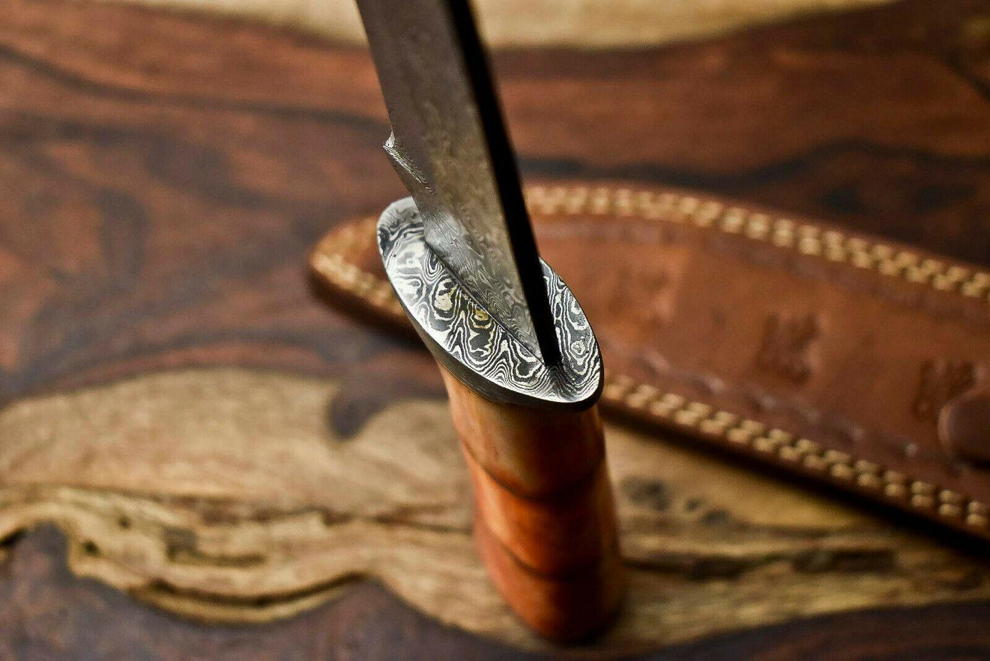 12" Damascus Steel Bowie Knife – Camel Bone Handle