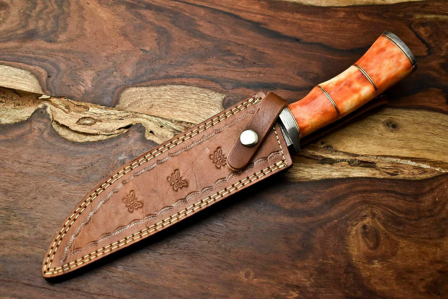 12" Damascus Steel Bowie Knife – Camel Bone Handle