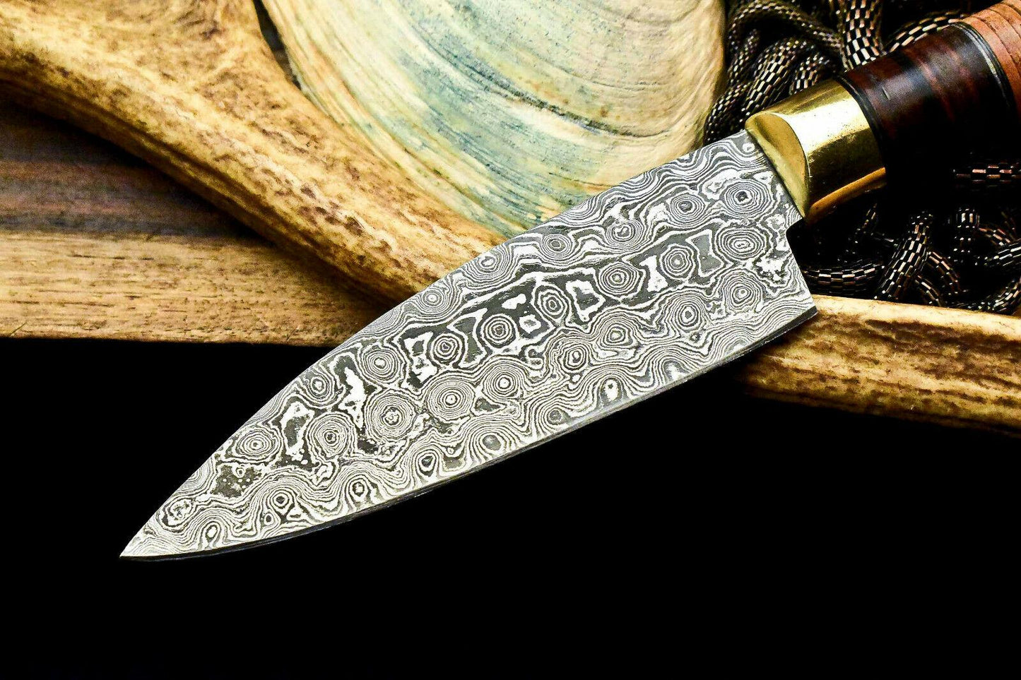 Custom Hand Made Damascus Steel Chef Knife with Stacked Leather Handle, 5-Inch Blade, 10-Inch Overall, Full Tang, Oil-Tempered 58-60 HRC, Handcrafted