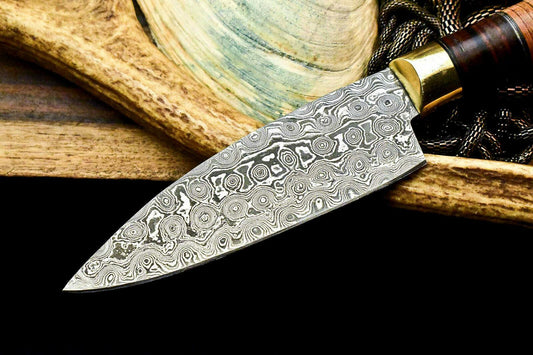 Custom Hand Made Damascus Steel Chef Knife with Stacked Leather Handle, 5-Inch Blade, 10-Inch Overall, Full Tang, Oil-Tempered 58-60 HRC, Handcrafted