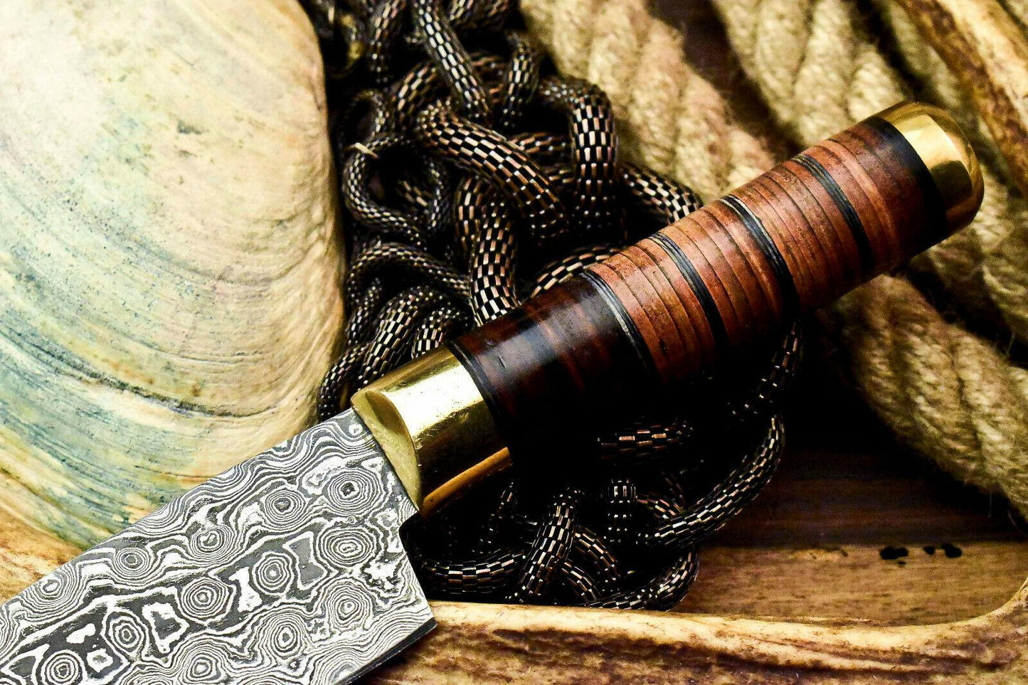 Custom Hand Made Damascus Steel Chef Knife with Stacked Leather Handle, 5-Inch Blade, 10-Inch Overall, Full Tang, Oil-Tempered 58-60 HRC, Handcrafted