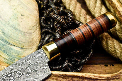 Custom Hand Made Damascus Steel Chef Knife with Stacked Leather Handle, 5-Inch Blade, 10-Inch Overall, Full Tang, Oil-Tempered 58-60 HRC, Handcrafted