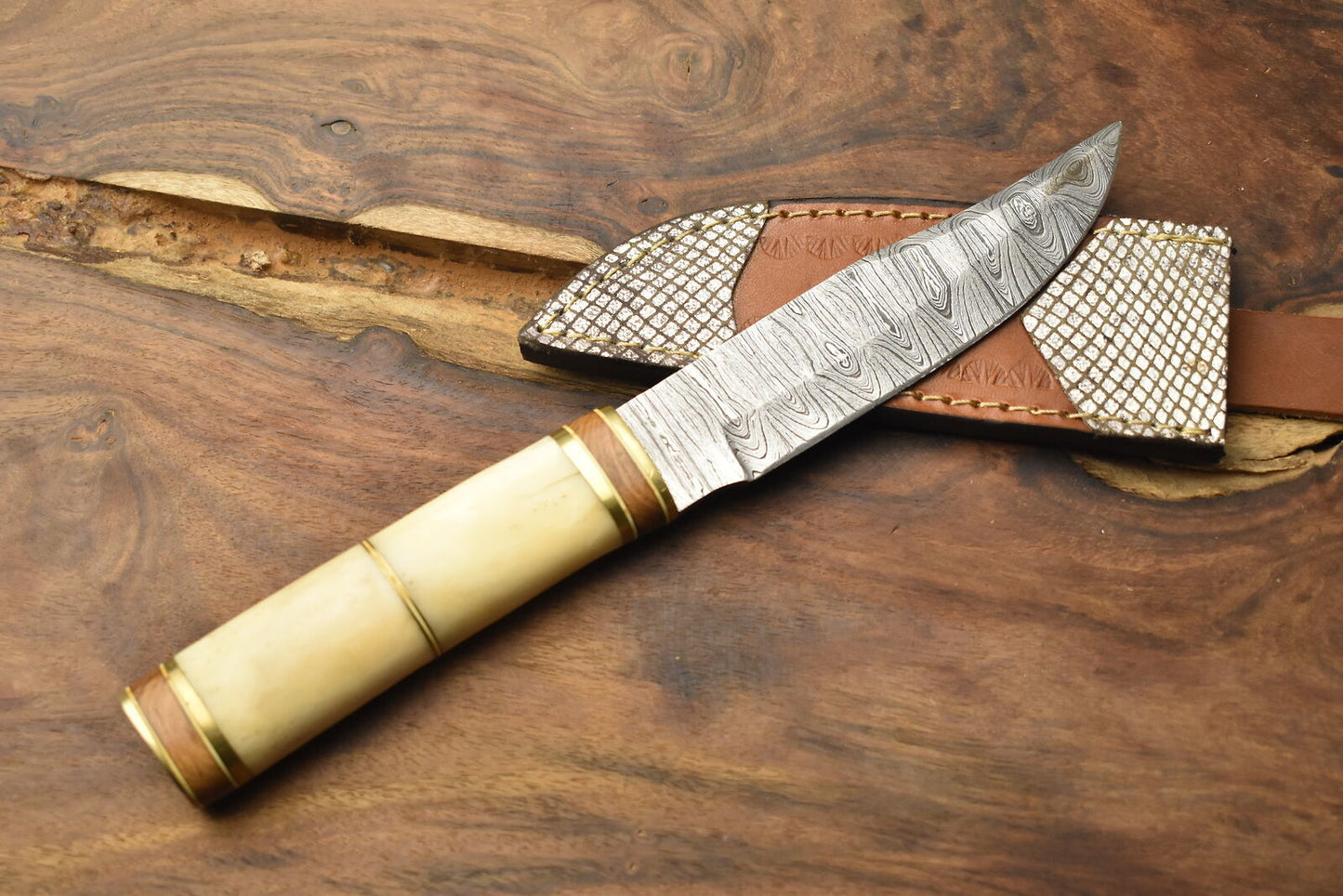 Damascus Bowie Knife with Camel Bone Handle for Hunting and Fishing