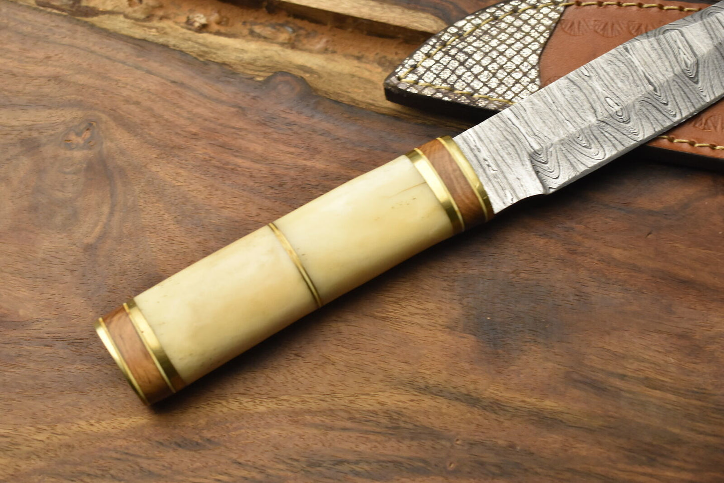 Damascus Bowie Knife with Camel Bone Handle for Hunting and Fishing