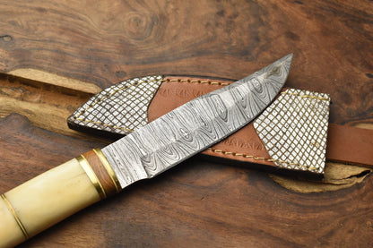 Damascus Bowie Knife with Camel Bone Handle for Hunting and Fishing