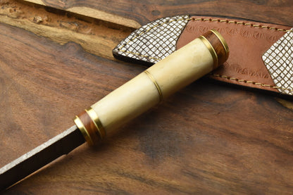 Damascus Bowie Knife with Camel Bone Handle for Hunting and Fishing