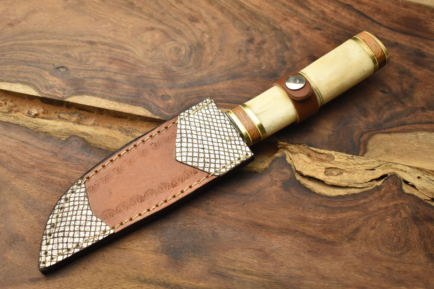 Damascus Bowie Knife with Camel Bone Handle for Hunting and Fishing