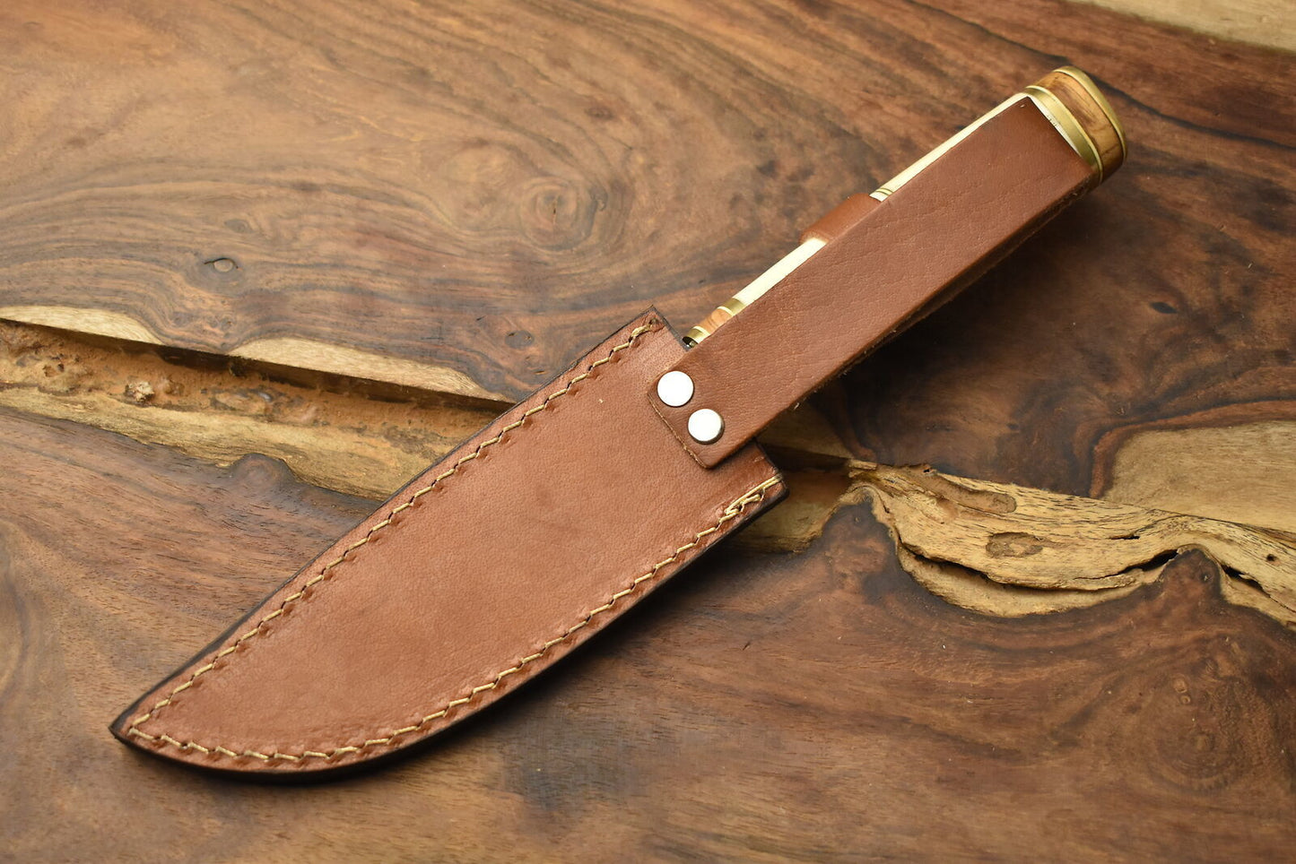 Damascus Bowie Knife with Camel Bone Handle for Hunting and Fishing
