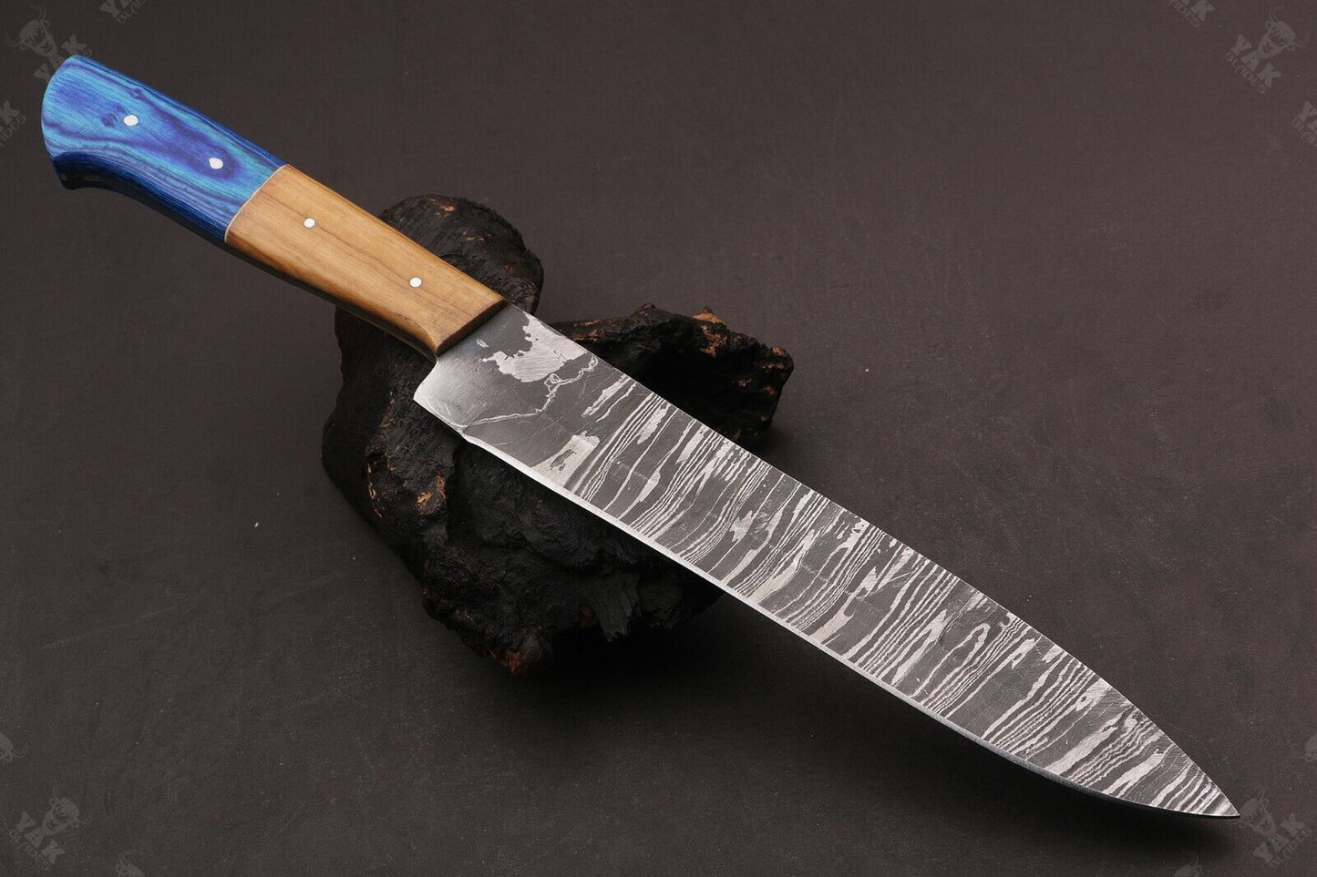 13 Inch Handmade Fire Damascus Steel Santoku Chef Knife with Camel Bone & Wood Handle