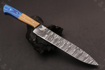 13 Inch Handmade Fire Damascus Steel Santoku Chef Knife with Camel Bone & Wood Handle