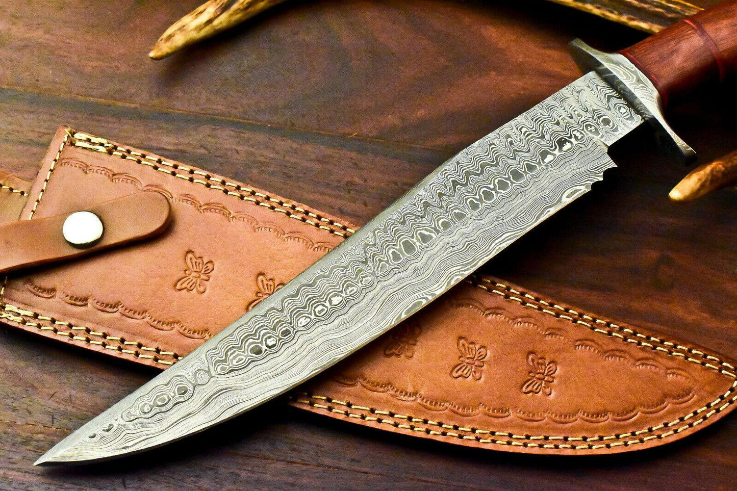 15" Damascus Bowie Knife | Walnut Wood Handle & Leather Sheath