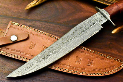 15" Damascus Bowie Knife | Walnut Wood Handle & Leather Sheath