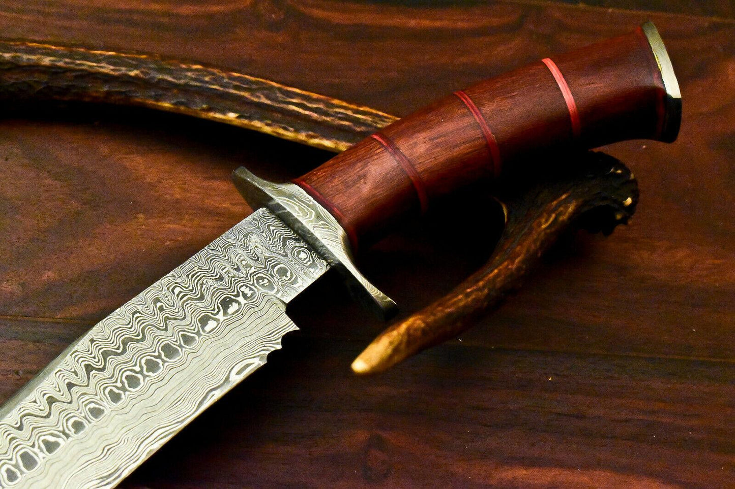 15" Damascus Bowie Knife | Walnut Wood Handle & Leather Sheath