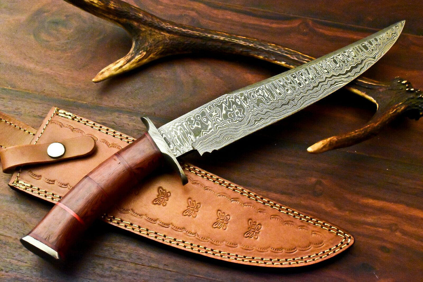 15" Damascus Bowie Knife | Walnut Wood Handle & Leather Sheath