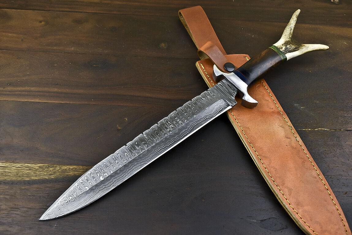 17.6" Damascus Steel Bowie Knife with Stag Deer Antler Handle – Full Tang Handmade Blade