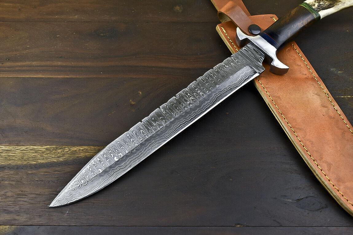 17.6" Damascus Steel Bowie Knife with Stag Deer Antler Handle – Full Tang Handmade Blade