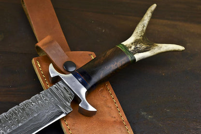17.6" Damascus Steel Bowie Knife with Stag Deer Antler Handle – Full Tang Handmade Blade
