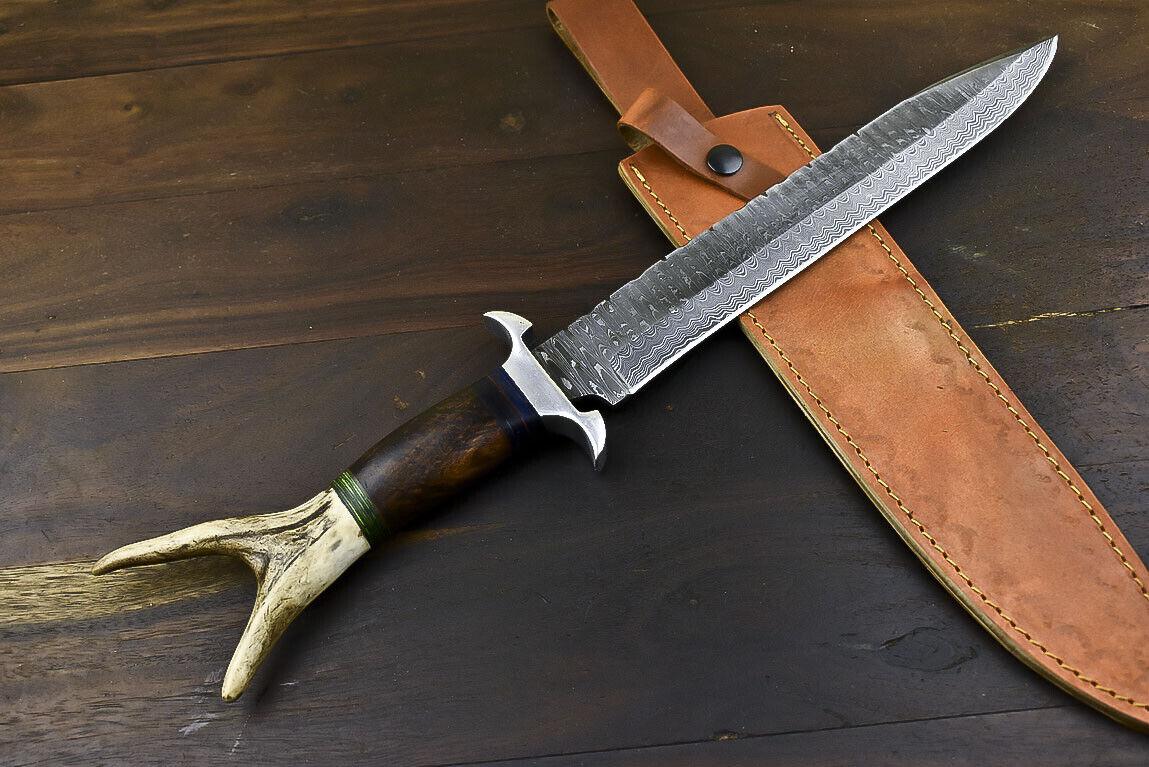 17.6" Damascus Steel Bowie Knife with Stag Deer Antler Handle – Full Tang Handmade Blade