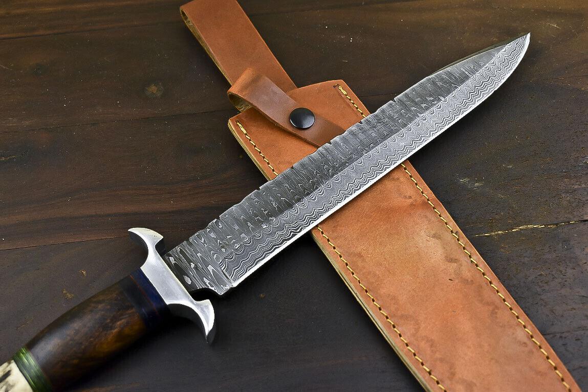 17.6" Damascus Steel Bowie Knife with Stag Deer Antler Handle – Full Tang Handmade Blade