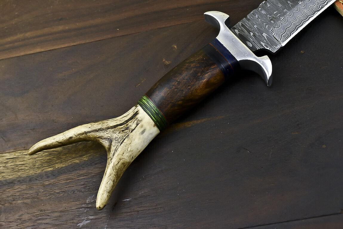 17.6" Damascus Steel Bowie Knife with Stag Deer Antler Handle – Full Tang Handmade Blade