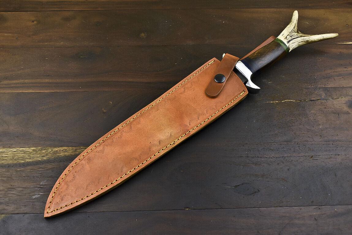 17.6" Damascus Steel Bowie Knife with Stag Deer Antler Handle – Full Tang Handmade Blade